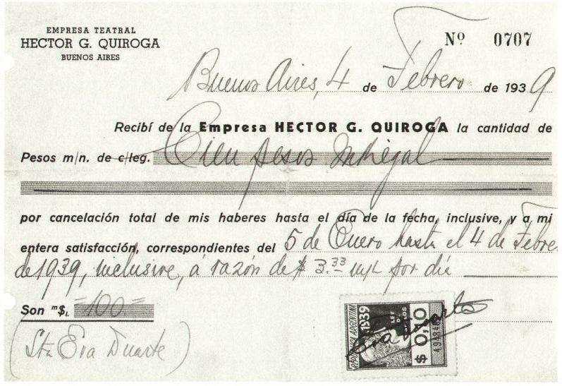 El recibo de sueldo de la Srta. Eva Duarte por su trabajo en la obra 'Mercado de amor en Argelia', fechado el 4 de febrero de 1939.